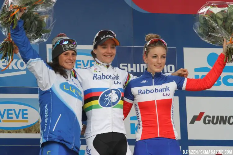 Vos, Nash and Ferrand Prevot made the women’s podium at today’s World Cup race. © Bart Hazen/Cyclocross Magazine