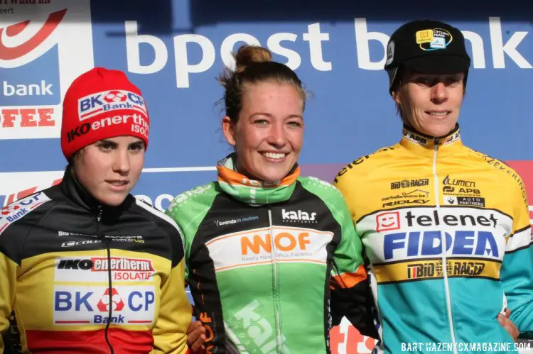 The BPost Bank at Essen’s women’s podium was led by De Boer, who was joined by Cant and Van Loy. © Bart Hazen/Cyclocross Magazine