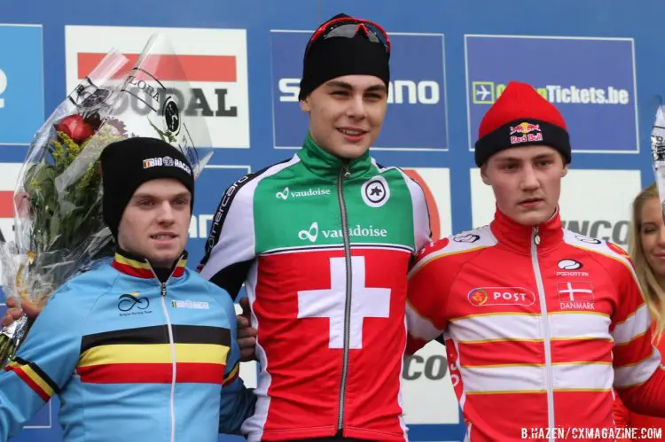 Swiss rider Johan Jacobs, shown here at a World Cup over Iserbyt and Andreassen, took the final leg today. © Bart Hazen/Cyclocross Magazine