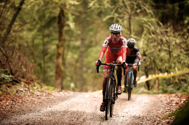 Rachel Lloyd (CALIFORNIA GIANT CYCLING) runs one of the two narrow, roots run-ups with Amanda Miller right behind (BOULDER CYCLE SPORT/YOGAGLO). ©Matthew J. Clark/StraightEIGHTFilms.com