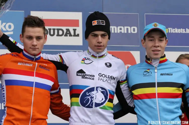 Van Aert takes the U23 win at Namur alongside Van der Poel and Sweeck. © Bart Hazen/Cyclocross Magazine