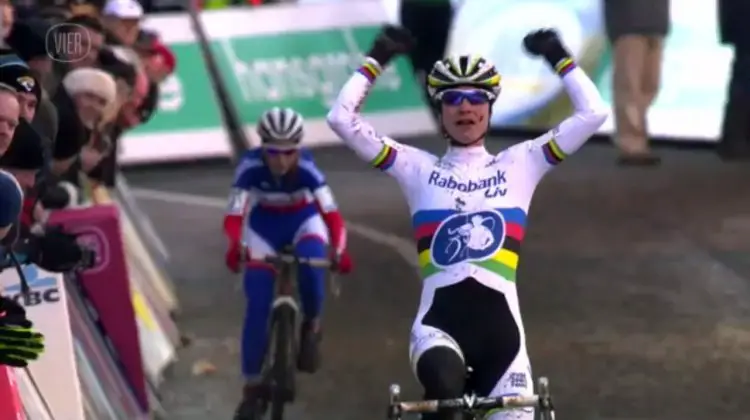 Vos celebrates an early win, clearly honing her skills at Superprestige Diegem. Photo taken from Vier/UCI footage