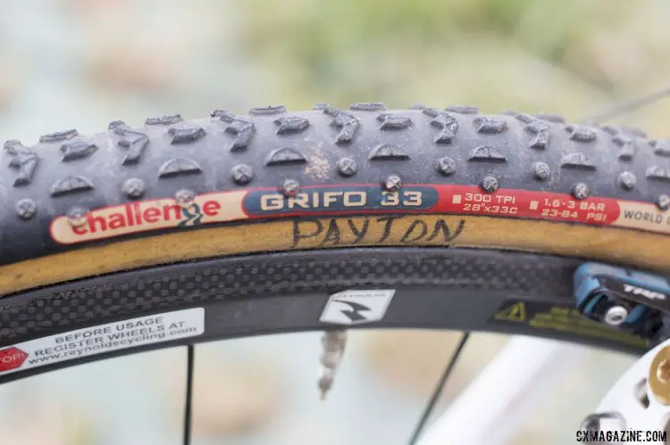 Challenge Grifo 33mm tires are the widest available under UCI regulations, and a good tread choice for the dry gritty dirt of the course in China © Cyclocross Magazine