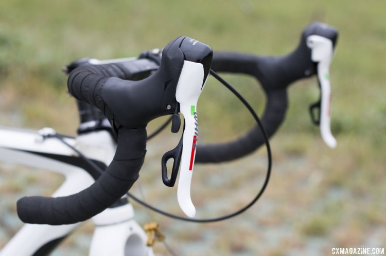 Payton used 10-Speed microSHIFT WHITE levers, an alternative to the traditional components one often sees on stock builds. © Cyclocross Magazine