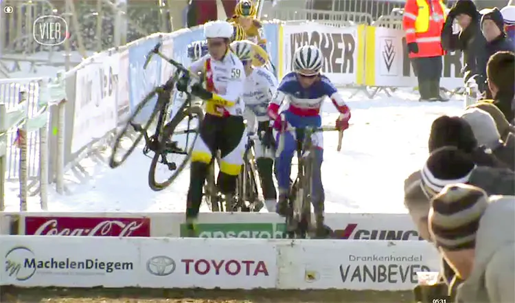 Pauline Ferrand Prevot (Rabo Liv)) hops the barriers at Superprestige Diegem. photo: vier.be video