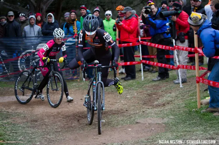 Kristin Weber (Boulder Cycle Sport) putting pressure on Barker. © Brian Nelson