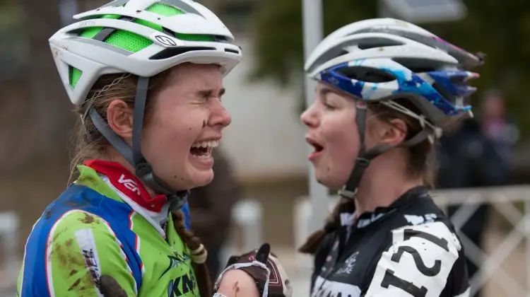 Ramsay Turner (KMS Cycling / Killington Mtn. School) reacts to getting the lap bell and then being pulled for the win. © Brian Nelson