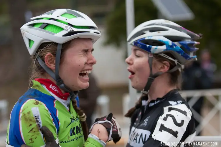 Turner Ramsay (KMS Cycling / Killington Mtn. School), left, reacts to getting the one-lap-to-go bell and then being pulled for the win. © Brian Nelson