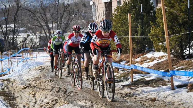 The leading group on Lap 1 of the 2014 Cyclocross National Championship singlespeed race. © Steve Anderson