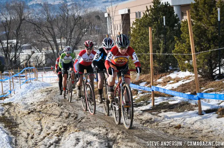 The leading group on Lap 1 of the 2014 Cyclocross National Championship singlespeed race. © Steve Anderson