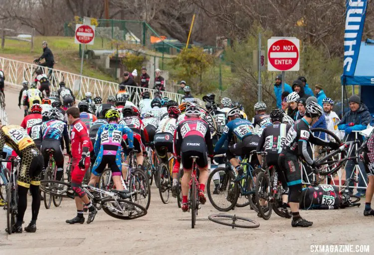 There was a big crash heading down the start in the Masters 40-44 race. © Cyclocross Magazine