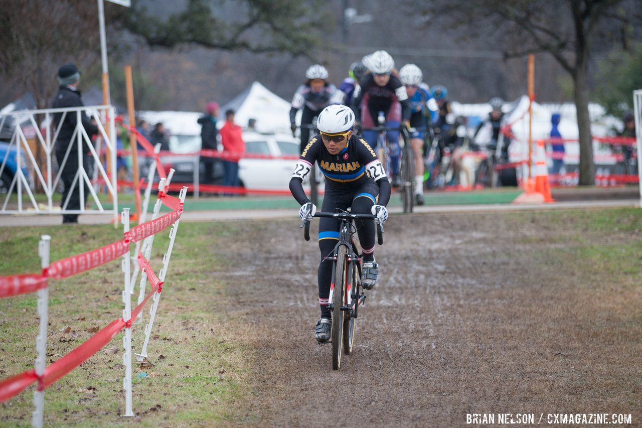 Road standout Coryn Rivera has some cyclocross heritage. She is seen here en route to a second-place finish in the 2015 Collegiate D1 race. © Brian Nelson