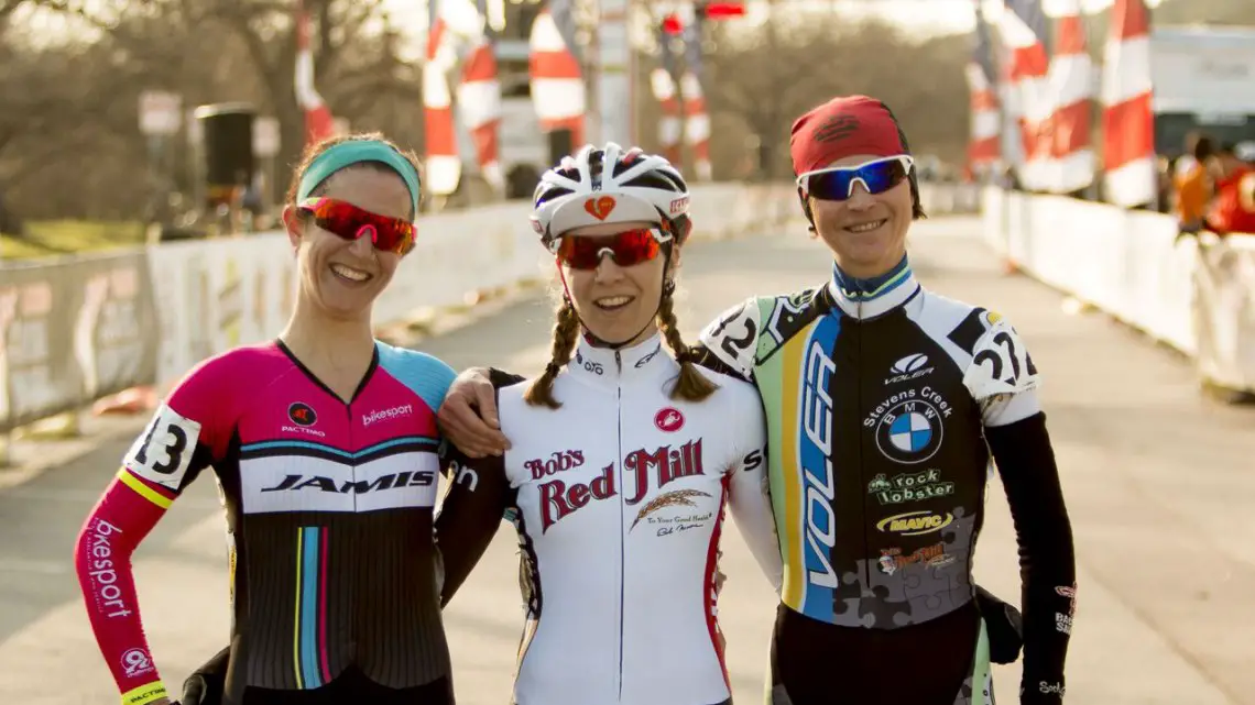 The Singlespeed Women Podium at 2015 Nationals: Bruno Roy, Cutler and Sherrill. © Cyclocross Magazine