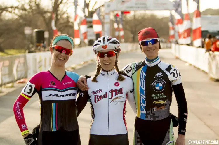 The Singlespeed Women Podium at 2015 Nationals: Bruno Roy, Cutler and Sherrill. © Cyclocross Magazine