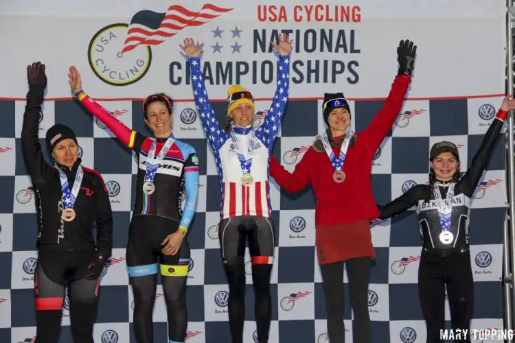 2015 Cyclocross National Championship Singlespeed Podium. L to R: Blatt (4th), Cutler (2nd), Bruno Roy (1st), Sherrill (3rd), Seib (5th) © Mary Topping