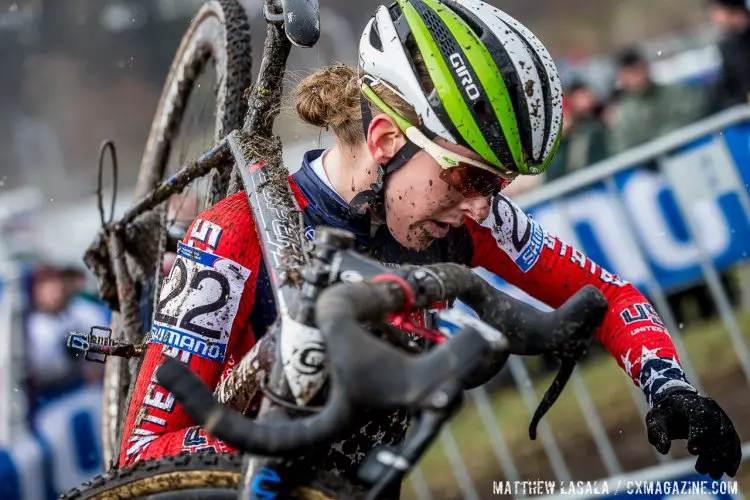 Katie Antonneau rode well to finish top American, in 13th, a bright spot in a disappointing day for the US Elite Women. 2015 Cyclocross World Championships. © Mathew Lasala / Cyclocross Magazine