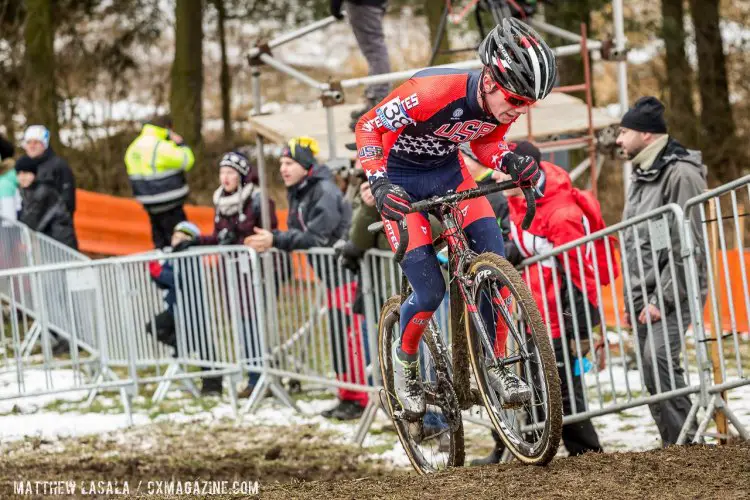 Cameron Beard grunts up this climb to finish one spot above his bib number, in 39th. © Mathew Lasala / Cyclocross Magazine