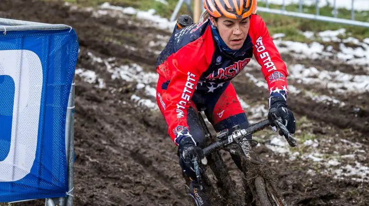 Crystal Anthony slides through this turn, trying to keep all her momentum in the thick mud. © Matt Lasala / Cyclocross Magazine