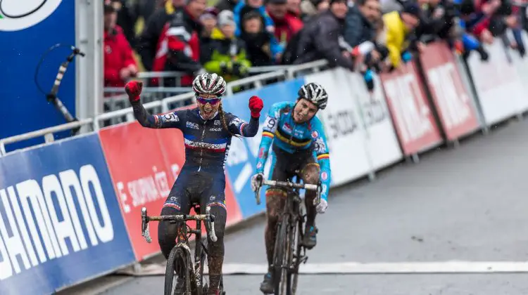 Pauline Ferrad Prevot (France) wins her first Cyclocross World Championships, outsprinting Sanne Cant (Belgium). 2015 World Championships, Tabor. © Matthew Lasala / Cyclocross Magazine