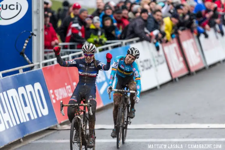 Pauline Ferrad Prevot (France) wins her first Cyclocross World Championships, outsprinting Sanne Cant (Belgium). 2015 World Championships, Tabor. © Matthew Lasala / Cyclocross Magazine