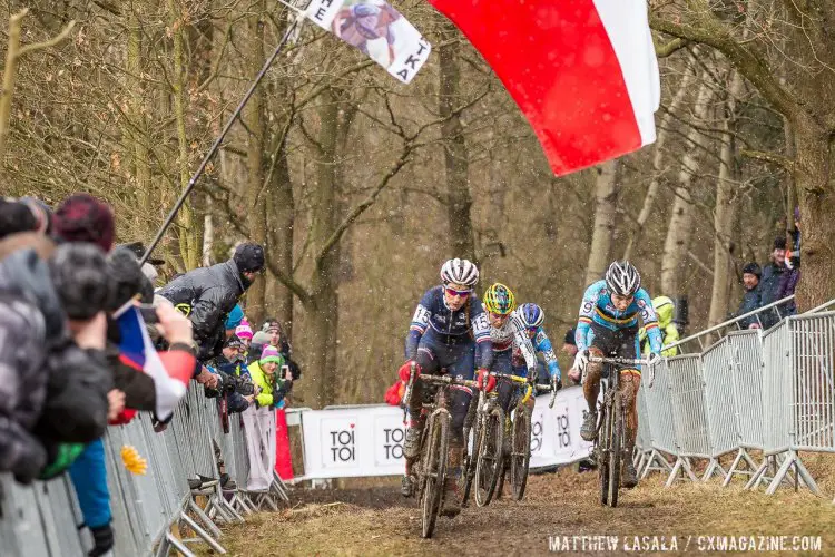 Ferrand Prevot surfaces after teammate Lefevre stalled. 2015 World Championships, Tabor. © Matthew Lasala / Cyclocross Magazine