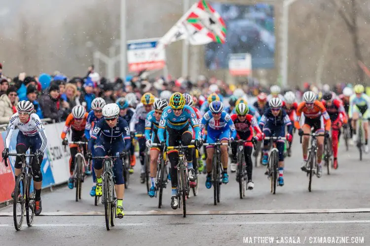 Helen Wyman off to secure the holeshot at the start of the Elite Women's Race at the 2015 World Championships, Tabor. © Matthew Lasala / Cyclocross Magazine