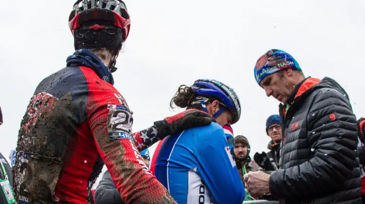 Rachel Lloyd attempts to console fellow Californian Katerina Nash after yet another heartbraking Worlds - Elite Women - 2015 Cyclocross World Championships © Mike Albright / Cyclocross Magazine