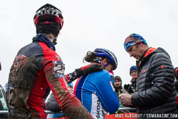 Rachel Lloyd attempts to console fellow Californian Katerina Nash after yet another heartbraking Worlds - Elite Women - 2015 Cyclocross World Championships © Mike Albright / Cyclocross Magazine