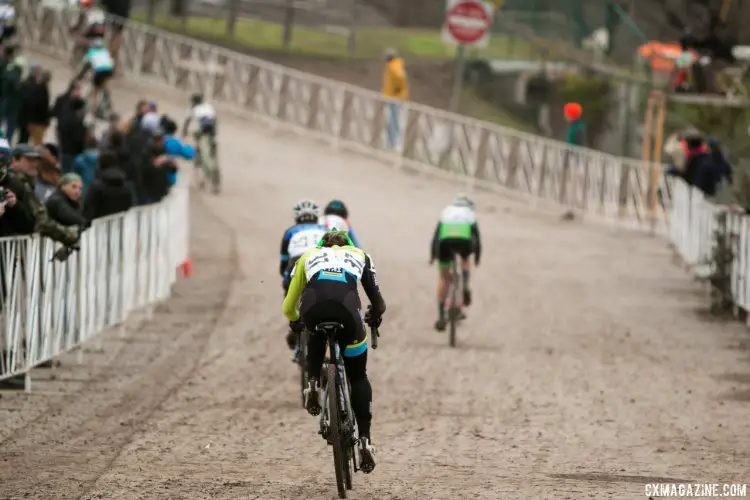 Andi Zolton (Nemesis Racing) was involved in a crash just after the start, and she and a handful of other racers had a long chase to the contenders. © Cyclocross Magazine