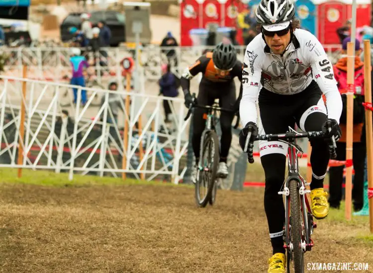 Paul Bonds leading Brandon Dwight on lap one of the Masters 40-44 race. © Cyclocross Magazine