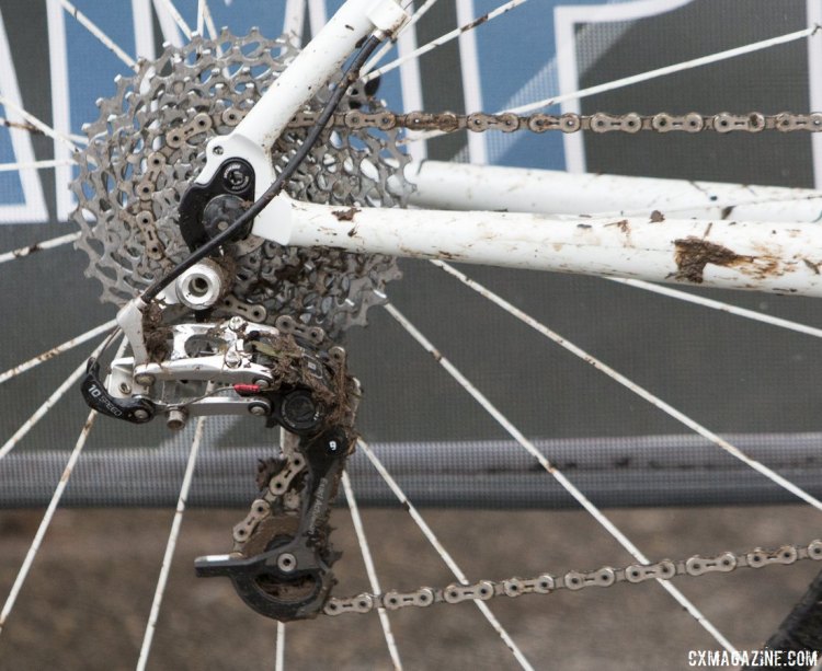SRAM’s X0 rear mountain clutch rear derailleur and 11-36 10-speed cassette helped Carden King up the hills and kept his chain on. . © Cyclocross Magazine