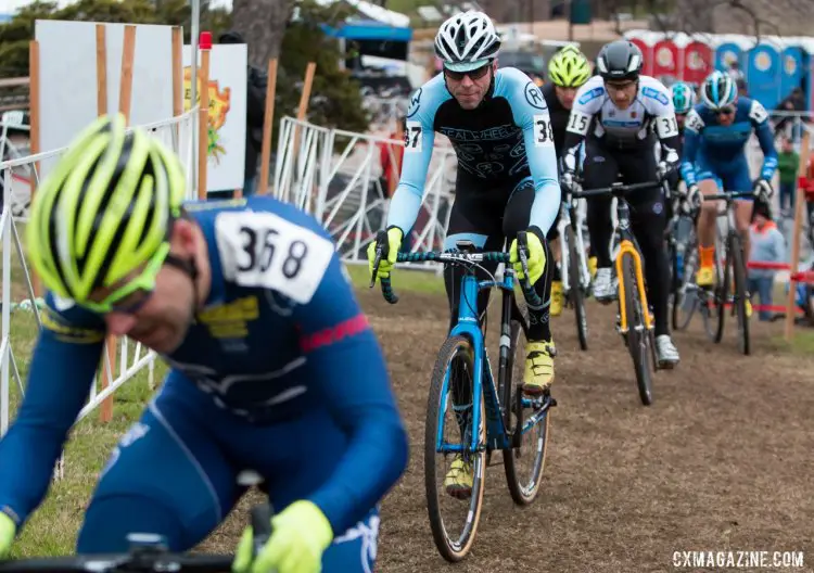 Chris McGovern, coach and owner of Real Wheels, racing in the Masters 40-44 race, moving up to finish 17th. 2015 Cyclocross National Championships. © Cyclocross Magazine