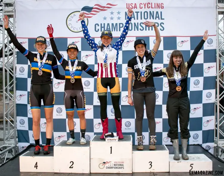Collegiate D1 Women Podium 2015 Cyclocross National Championships Podium © Cyclocross Magazine (full res avail for purchase - email crosseyed@cxmagazine.com )