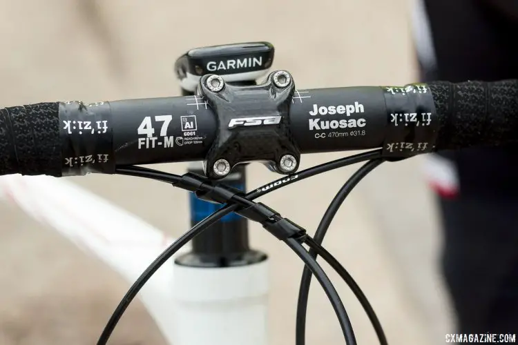 After checking the legally allowed maximum, Ferrandini installed this 470mm bar. In addition to the mountain bike gearing, this bar selection further defines this steed as one meant to go into the mountains. © Cyclocross Magazine