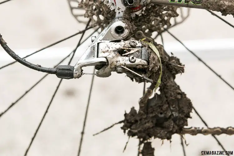 Don't wait for the mud to dry before cleaning your bike. photo: This SRAM Red rear derailleur got plenty of mud action in the Junior Race at the 2015 Nationals. © Cyclocross Magazine