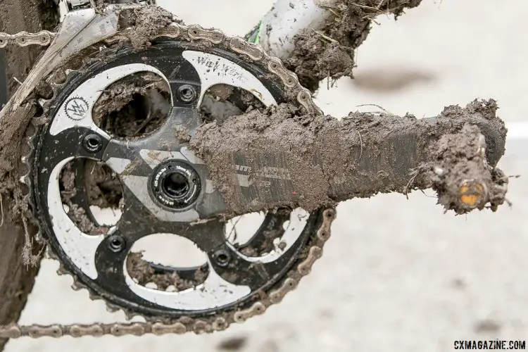 Hecht uses an old Compton favorite: WickWerks double chainrings, which he has installed on his SRAM Red 22 crankset. © Cyclocross Magazine