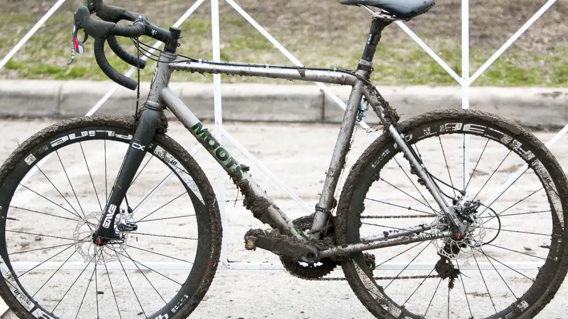 From the drive side or non-drive side, Gage Hecht’s Moots PhychloX RSL was caked with layers of mud in Austin on its way to first place in the 17-18 Junior Race. © Cyclocross Magazine