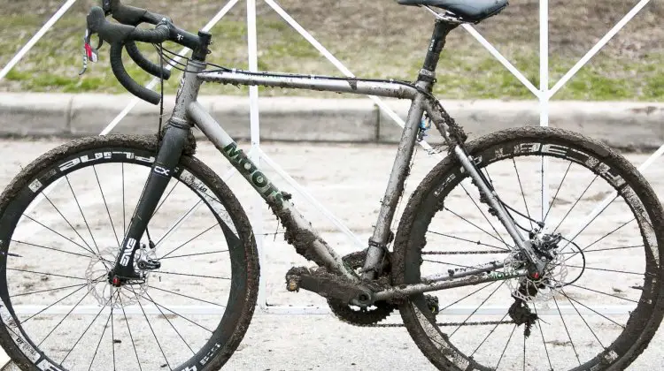 From the drive side or non-drive side, Gage Hecht’s Moots PhychloX RSL was caked with layers of mud in Austin on its way to first place in the 17-18 Junior Race. © Cyclocross Magazine