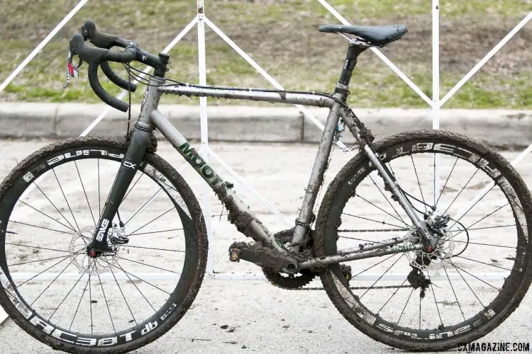 From the drive side or non-drive side, Gage Hecht’s Moots PhychloX RSL was caked with layers of mud in Austin on its way to first place in the 17-18 Junior Race. © Cyclocross Magazine