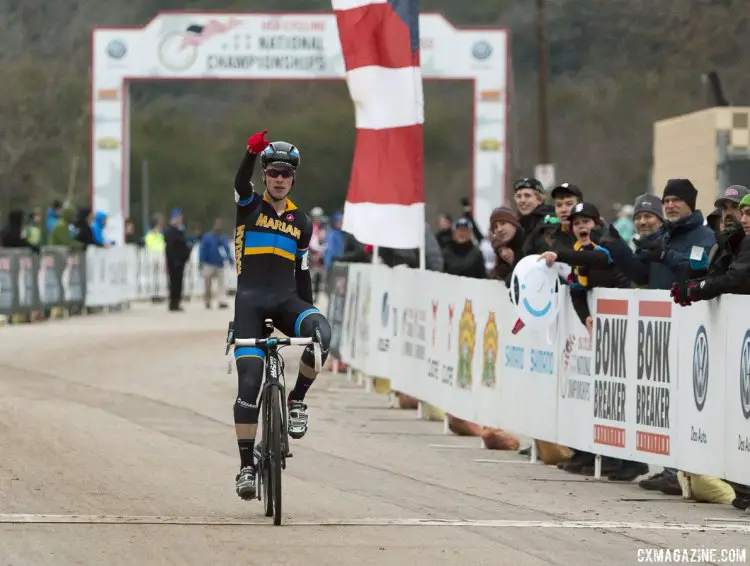 Josh Johnson of Marian University completing a come from behind victory Friday. © Cyclocross Magazine