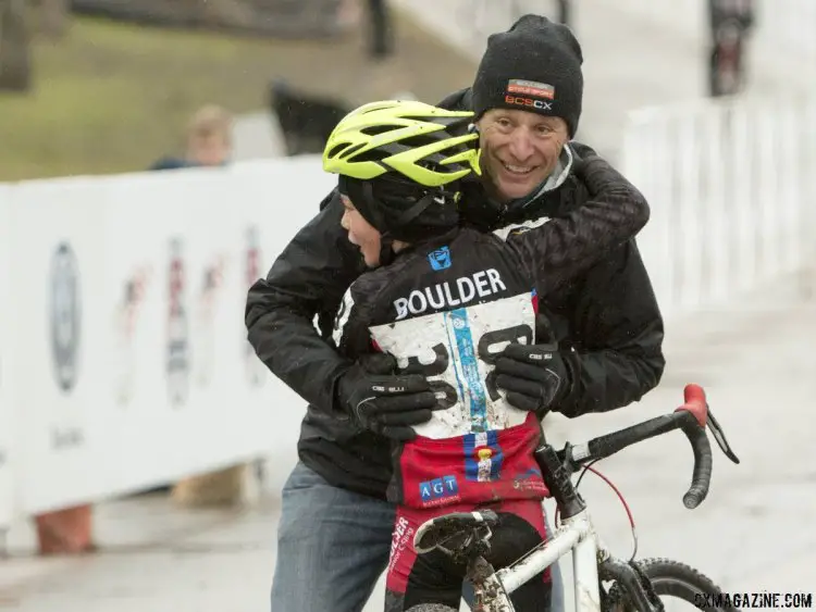 Carden King celebrates with coach and legend Pete Webber - Junior 9-10, 2015 Cyclocross National Championships. © Cyclocross Magazine