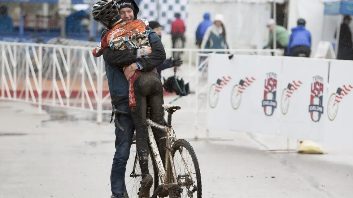 Nicholas Petrov getting a big hug after a big win today in the 11-12 race. © Cyclocross Magazine