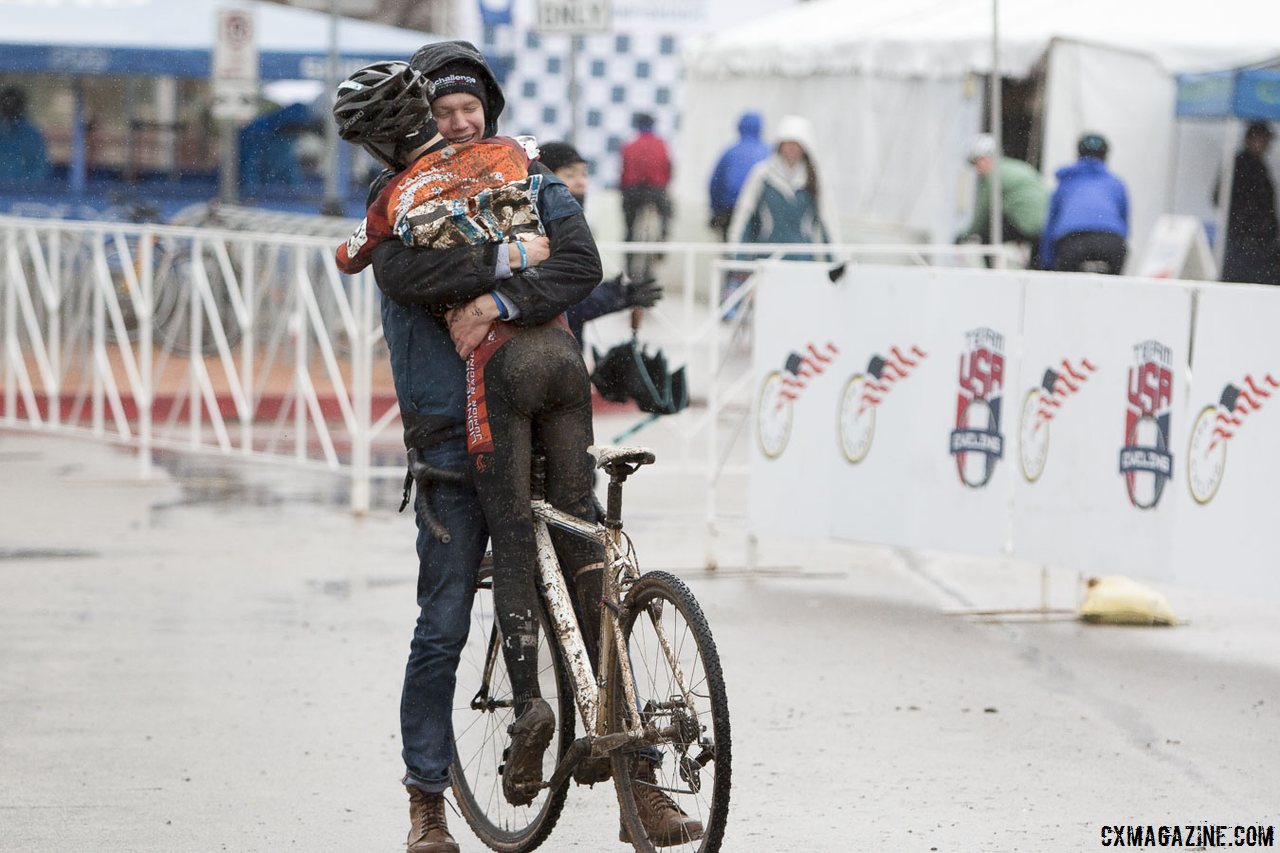 Nicholas Petrov getting a big hug after a big win today in the 11-12 race. © Cyclocross Magazine