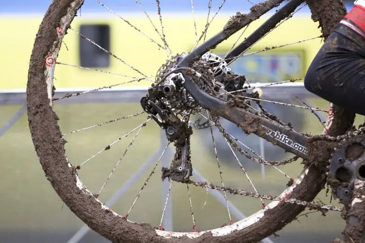 Many racers suffered jammed drivetrains, or worse, ripped rear derailleurs, due to the thick mud. © Cyclocross Magazine