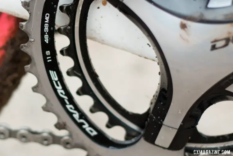 Shimano 9000 Dura-Ace crank is combined with custom 46/36 chainrings not readily available to the public. Her chainrings are labelled 46-39 MD, but further inspection reveals a 36 tooth inner ring. © Cyclocross Magazine