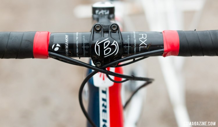 Bontrager Race X Lite carbon bars and XXX carbon stem are the control center, differing from the one piece XXX carbon bar-stem combination we saw on this bike at the team tent area of Crossvegas earlier this year. © Cyclocross Magazine