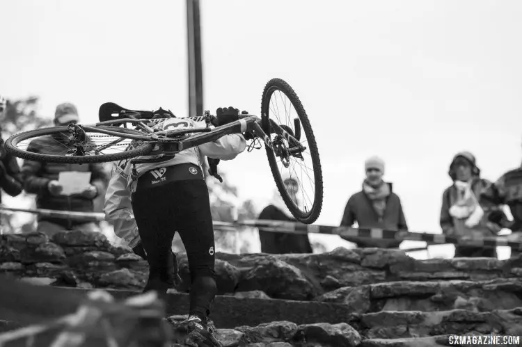 The limestone stairs proved to be a challenge for racers of all ages. © Cyclocross Magazine