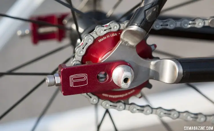 An 18-tooth Endless Bike Company alloy cog is connected by the SRAM 11 speed chain on Mo Bruno Roy's 2015 Singlespeed Cyclocross National Championship-winning Seven carbon/titanium Mudhoney Pro cyclocross bike. © Cyclocross Magazine