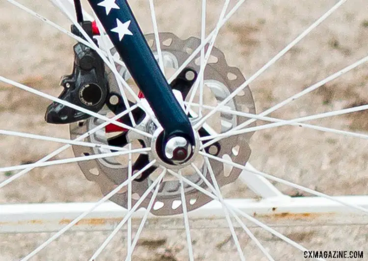 Katie Compton's 2015 National Championship-winning Trek Boone cyclocross bike features Shimano R785 hydraulic disc calipers and twin 140mm SM-RT99 rotors . © Cyclocross Magazine