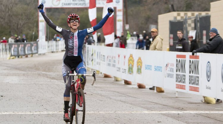 Nikki Thiemann had the best finish line celebration of the day, winning the Masters 35-39 race. © Cyclocross Magazine